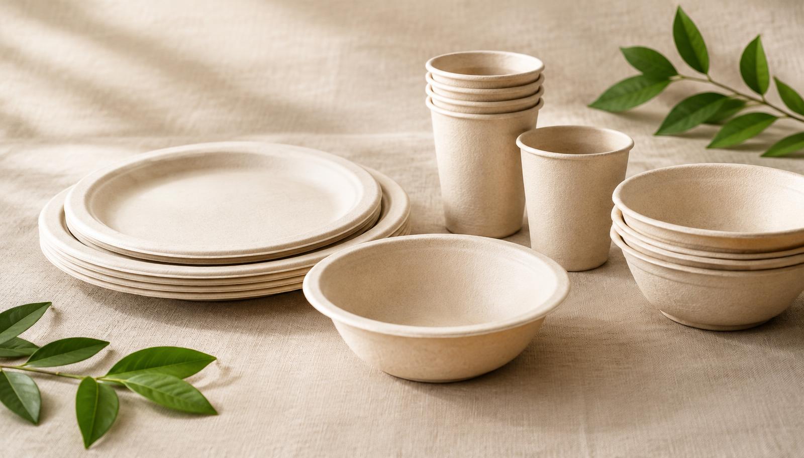 Curated collection of biodegradable plates, bowls and cups