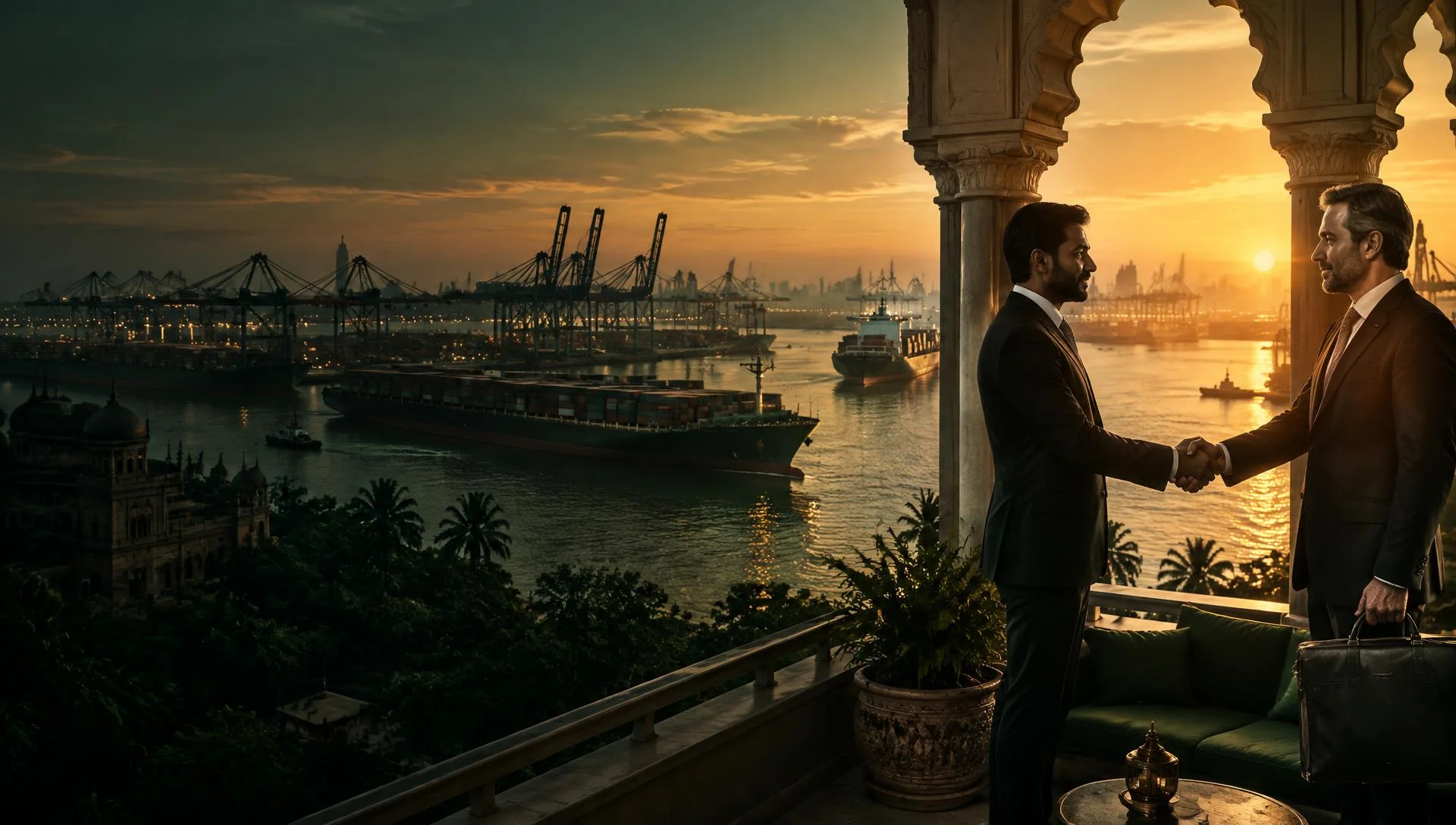 Business partners shaking hands above an international shipping port