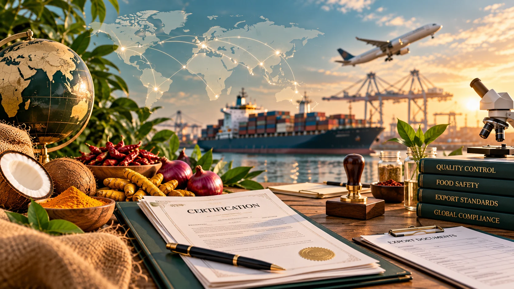 Certification documents, spice samples and export compliance visuals at a shipping port