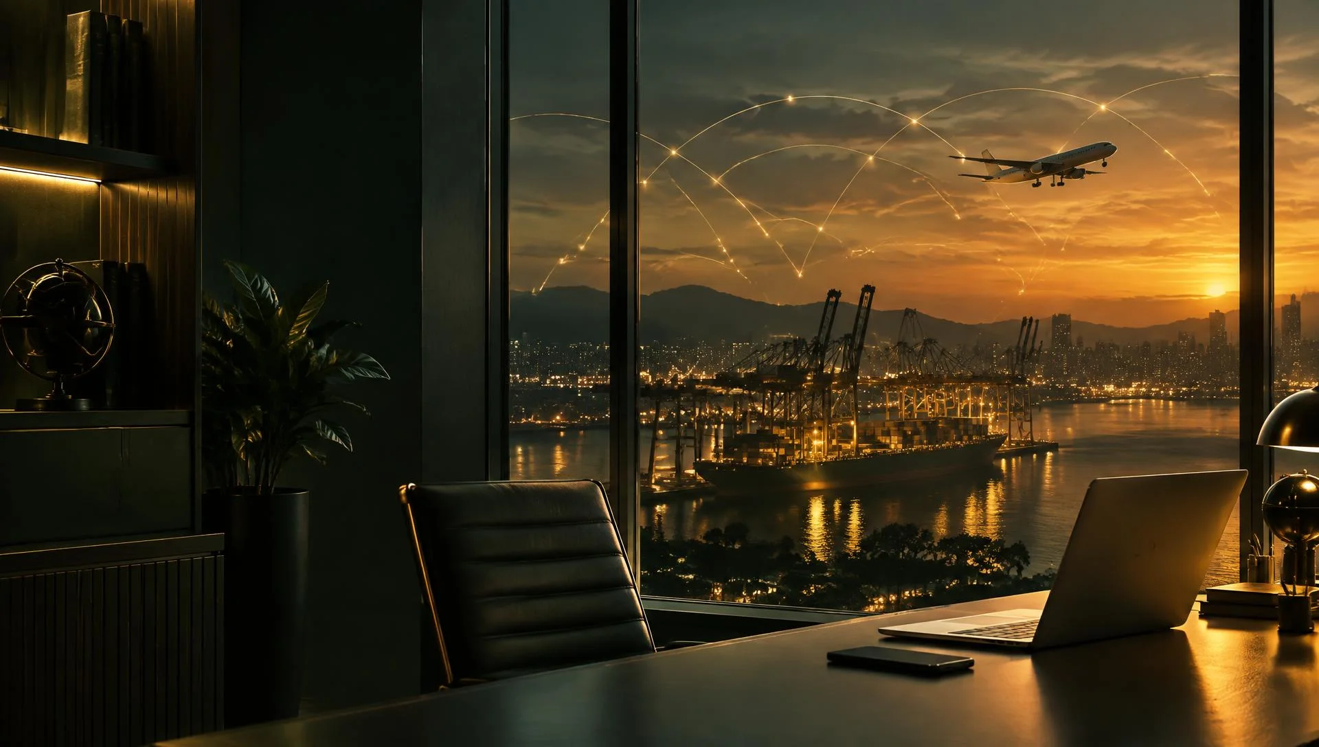 Office overlooking an illuminated logistics port at dusk