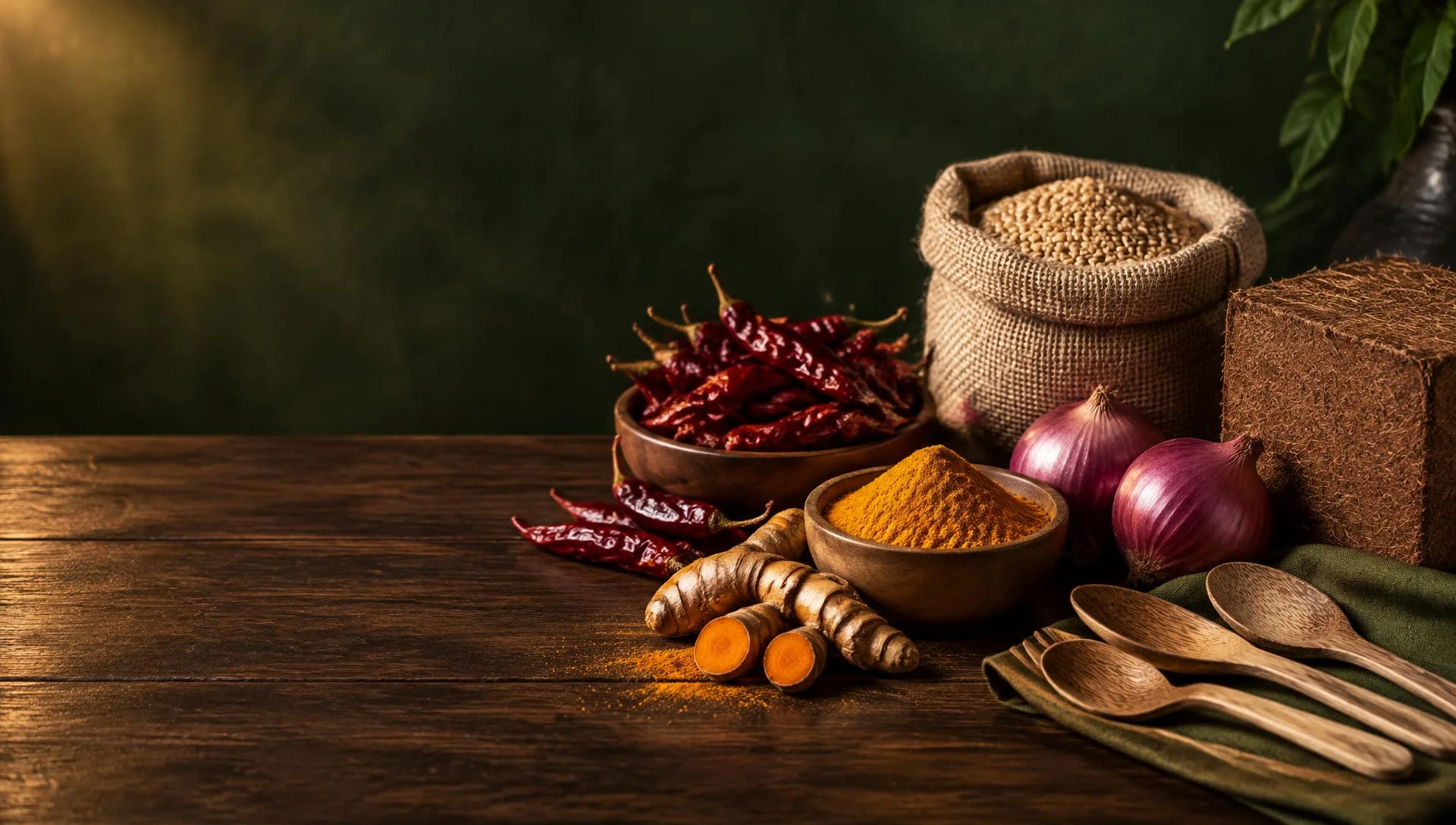 Red chilli, turmeric, onion, grains, cocopeat and coconut cutlery on a wooden table